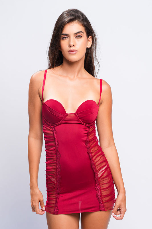 Bold red babydoll dress with lace panels, perfect for Valentine’s Day or anniversaries.