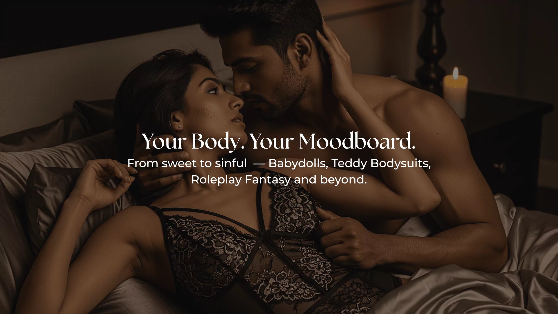 Couple in bed with text overlay about body positivity and various product categories.