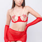 Red rhinestone heart lingerie set with mesh garter skirt and gloves, perfect for Valentine’s Day bedroom wear