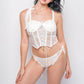 Romantic white lace corset set with delicate bows and sheer lace panties, honeymoon-ready design.