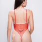 Back view of sheer red nurse roleplay lingerie bodysuit with lace detailing, ideal for bedroom fantasies.