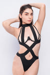 Black strappy bodysuit with cutout design, bold lingerie for date nights, bedroom roleplay, and intimate fashion looks.