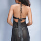 Back view of sheer black lace halter babydoll with satin tie, elegant honeymoon lingerie style.
