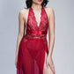 Red lace halter babydoll with sheer slit skirt, bold honeymoon lingerie for passionate nights.