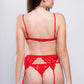 Back view of red lace lingerie with garter belt, seductive and romantic nightwear.