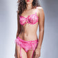 Pink lace lingerie set with bra, thong and garter belt, perfect for honeymoon or bedroom wear