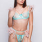 Front pose in aqua lace lingerie with feather accents, perfect for fantasy wear or romantic nights.