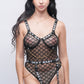 Sexy black teddy bodysuit with sheer net design, bold straps, and gold chain detail — perfect for bedroom roleplay costume, honeymoon nights, and daring date nights.