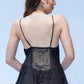 Back view of black lace babydoll dress with floral mesh, intimate and seductive lingerie.