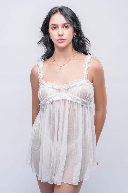 White sheer babydoll dress with ruffle straps, delicate nightwear for honeymoon or romantic bedroom moments