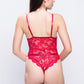 Back view of red lace teddy bodysuit with scalloped lace and thong design, sexy nightwear.