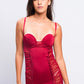 Bold red babydoll dress with lace panels, perfect for Valentine’s Day or anniversaries.