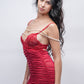 Side view of red lace babydoll dress with ruched mesh, styled with pearls, sexy lingerie for honeymoon nights.