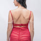 Back view of ruched red lace babydoll lingerie with pearl straps, sensual sleepwear for romantic evenings.