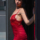 Elegant red babydoll dress with lace cups and pearls, photographed outdoors, ideal for anniversary or bridal nightwear.