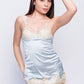 Light blue satin babydoll with lace cups and beige trim, elegant nightwear for bridal or honeymoon.