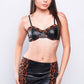 Leopard print leather lingerie set with bra and mini skirt, bold nightwear for date nights and bedroom wear.