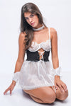 Sheer black and white maid babydoll lingerie set with lace choker, ideal for roleplay and intimate nights.