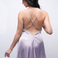 Back view of lavender satin babydoll with lace trim, sexy and comfortable nightwear.