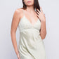 Model wearing LIGHT green satin lace babydoll nightdress, perfect as a bedroom roleplay costume for honeymoon nights, anniversaries, and romantic date nights.