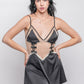 Black satin lace babydoll dress with sheer mesh panel, ideal for honeymoon nightwear.