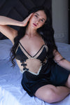 Elegant black lace babydoll with satin skirt, perfect for romantic bedroom wear.