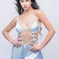 Light blue satin babydoll with lace bodice and bows, perfect for romantic nights and honeymoon lingerie.