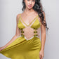 Green satin babydoll dress with lace detailing and bow accents, playful bedroom wear.