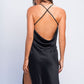 Back view of black satin babydoll with cross straps, classic satin lingerie nightwear.