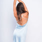Backless satin light blue babydoll with criss-cross straps, sexy lingerie dress for bedroom wear.