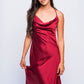 Red satin babydoll dress with cowl neck, sexy nightwear ideal for anniversaries.