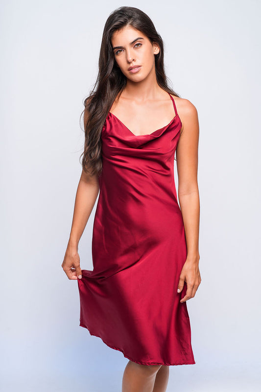 Red satin babydoll dress with cowl neck, sexy nightwear ideal for anniversaries.