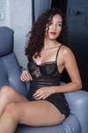 Sexy black babydoll lingerie with sheer mesh and embroidered cups, ideal for bedroom wear.