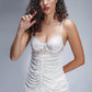 White babydoll lingerie with floral embroidered cups and ruched mesh, honeymoon nightwear.
