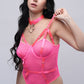 Hot pink teddy bodysuit with strappy detailing and satin choker, playful fantasy nightwear.