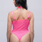 Backside of pink strappy teddy bodysuit with thong design, sexy lingerie for special occasions.