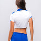 Back view of cabin crew roleplay costume with blue skirt and crop top, playful fantasy outfit for bedroom roleplay and parties.
