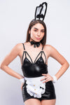 Black bunny roleplay costume with ears and strappy bodice – sexy cosplay and fantasy outfit for parties or intimate nights.
