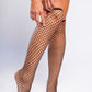 Model standing on tiptoe in black fishnet thigh-high stockings, highlighting sexy sheer design for bold intimate fashion — Body of Bold lingerie.